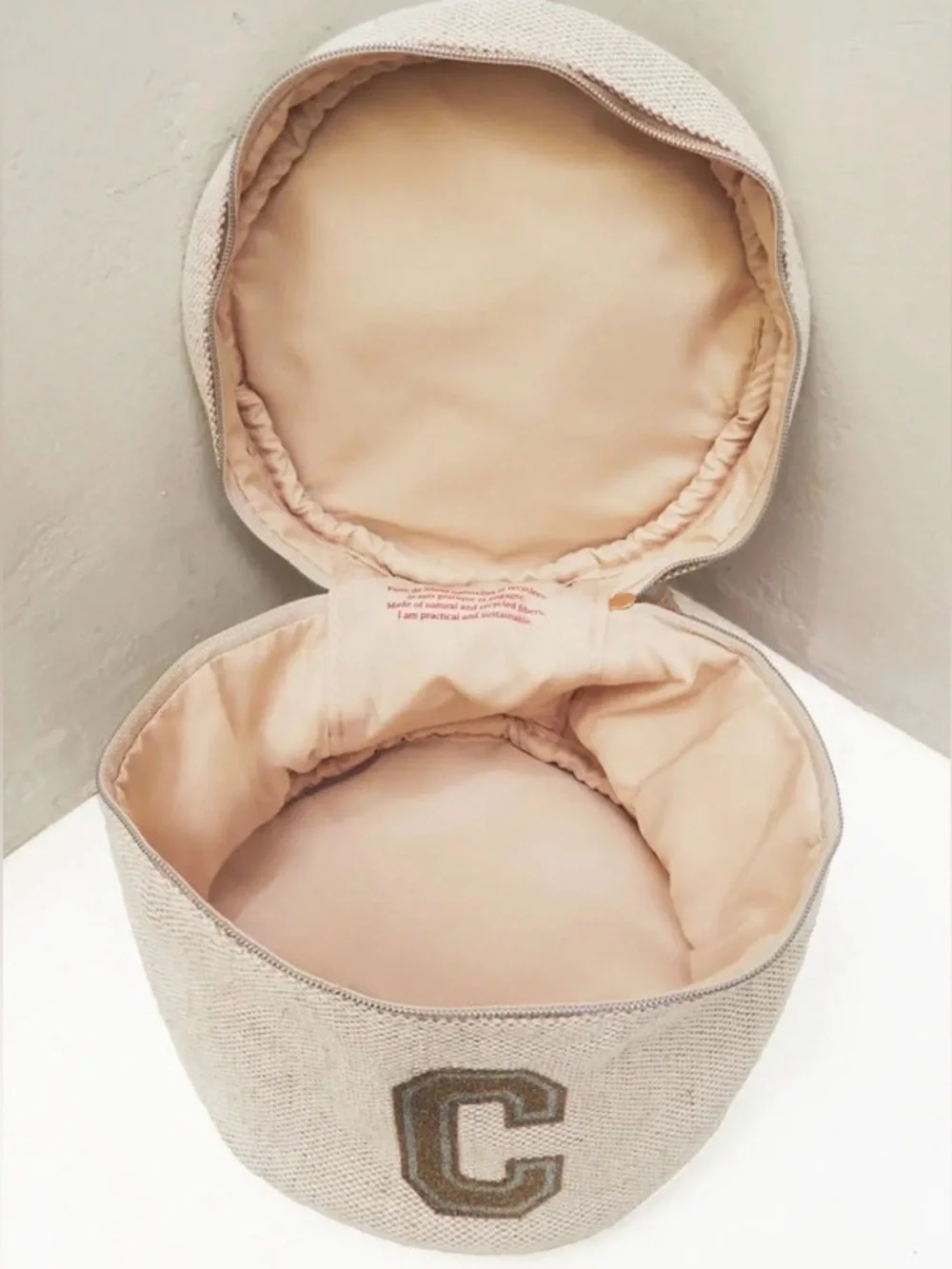 Clarins NWT Cream Linen Canvas Gold Silver Round Zip Monogram C Vanity Case